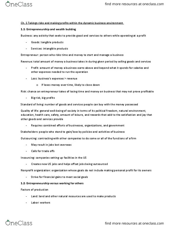 MGMT 1 Chapter Notes - Chapter 1: Nonprofit Organization, Insourcing, Outsourcing thumbnail