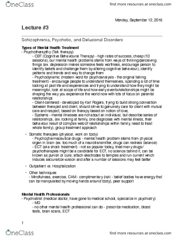HLTHAGE 1CC3 Lecture Notes - Lecture 3: Delusional Disorder, Cognitive Behavioral Therapy, Canadian Psychological Association thumbnail