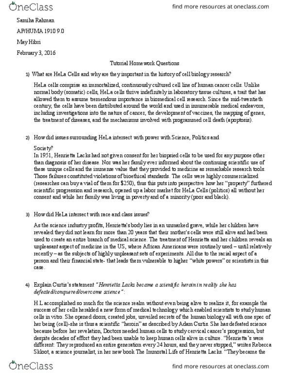 HUMA 1970 Chapter Notes - Chapter essay: Hela, Henrietta Lacks, Apoptosis thumbnail