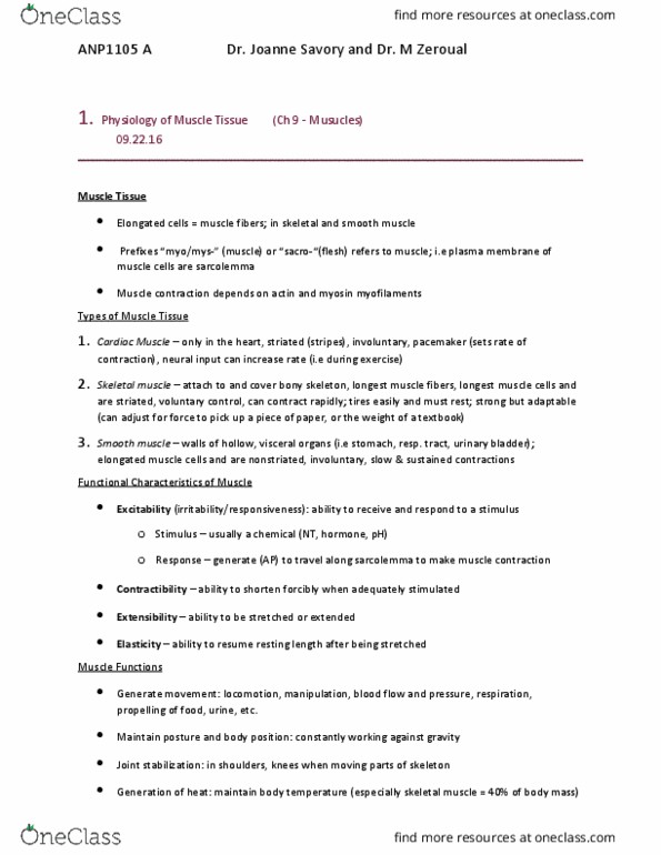 ANP 1105 Lecture Notes - Lecture 5: Myocyte, Smooth Muscle Tissue, Muscle Contraction thumbnail