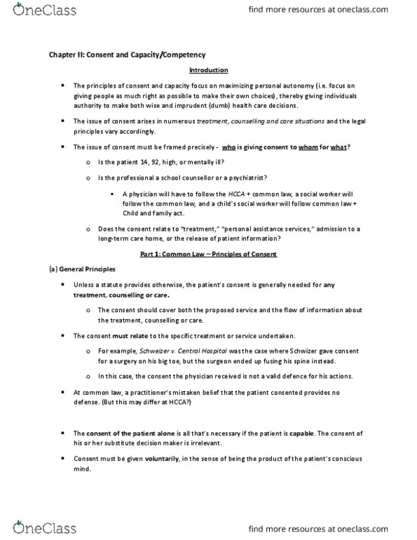 Law 3101A/B Chapter Notes - Chapter 2: Surrogate Decision-Maker, Informed Consent, Implied Consent thumbnail