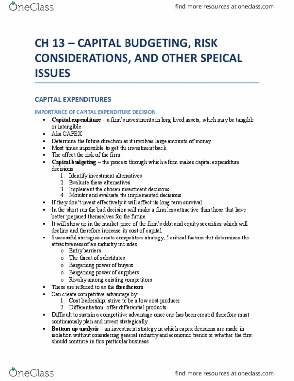 RSM333H1 Chapter Notes - Chapter 13: Discounted Cash Flow, Capital Expenditure, Capital Budgeting thumbnail