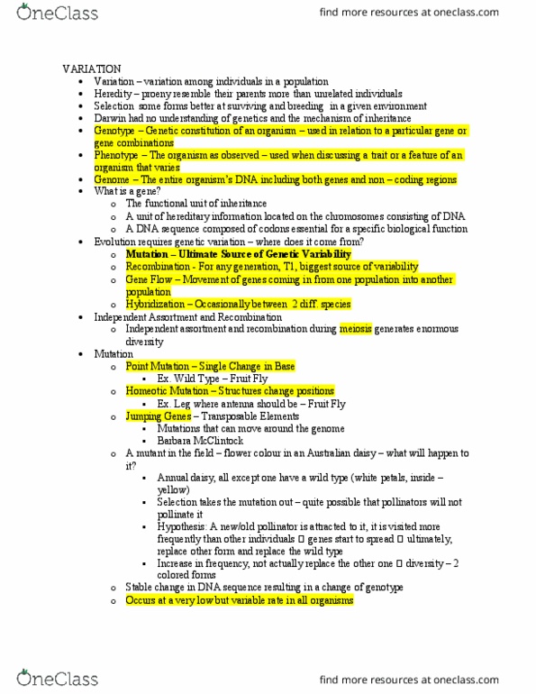 BIO120H1 Lecture Notes - Lecture 4: Mutation, Mutation Rate, Wild Type thumbnail