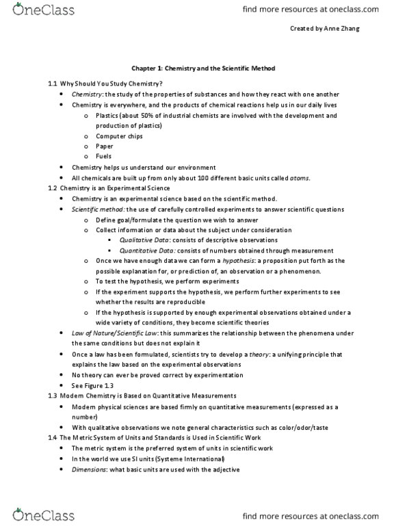 CHEM 6A Chapter Notes - Chapter 1: Scientific Method, Measuring Instrument, Decimal Mark thumbnail