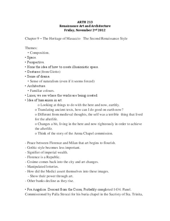 ARTH 214 Lecture Notes - Piero Della Francesca, Uffizi, Scrovegni Chapel thumbnail
