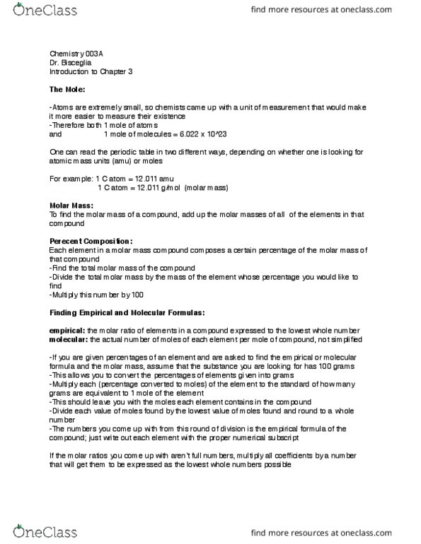 CHEM 003A Lecture Notes - Lecture 4: Molar Mass, Chemical Formula, Unified Atomic Mass Unit thumbnail