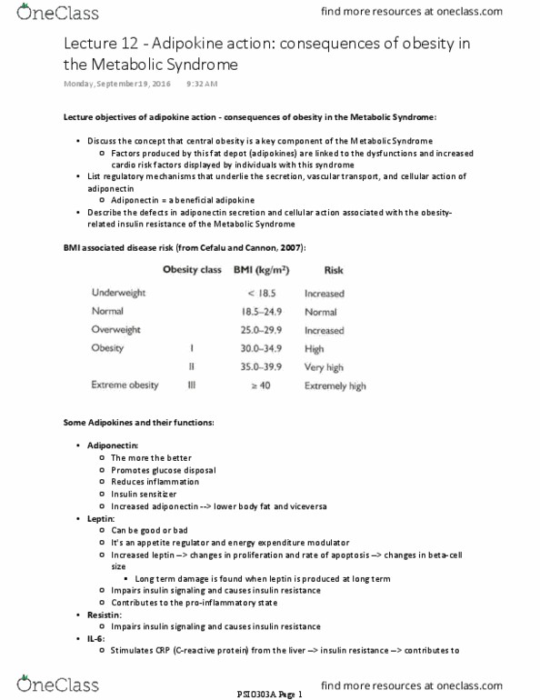 PSIO 303A Lecture Notes - Lecture 12: Adipocyte, Adiponectin Receptor 1, Adiponectin Receptor thumbnail