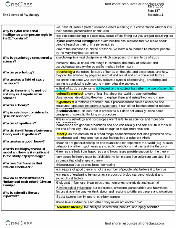 PSYC 1000 Chapter Notes - Chapter 1.1: Pseudoscience, Scientific Method, Biopsychosocial Model thumbnail