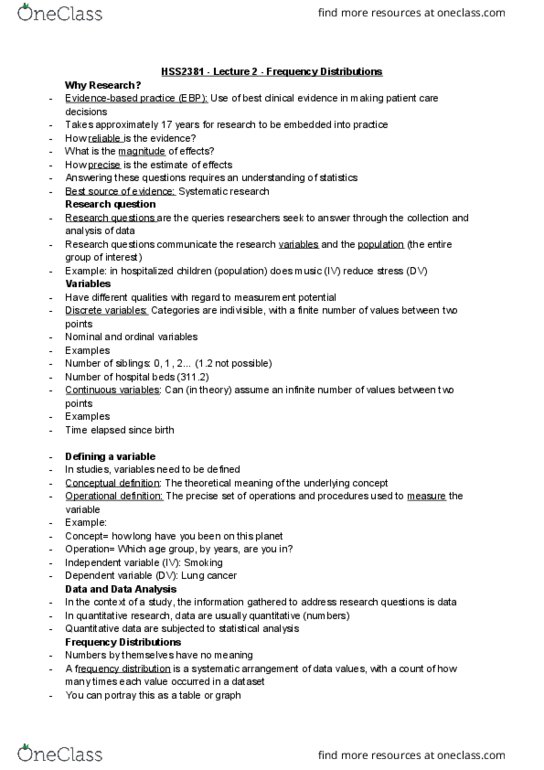 HSS 2381 Lecture Notes - Lecture 2: Frequency Distribution, Research Question, Lung Cancer thumbnail