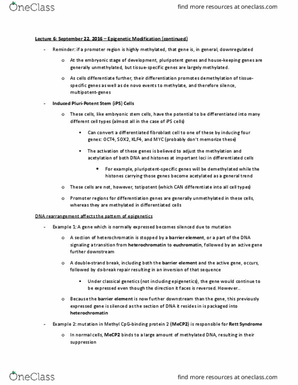 GENETICS 565 Lecture Notes - Lecture 6: Embryonic Stem Cell, Mecp2, Rett Syndrome thumbnail