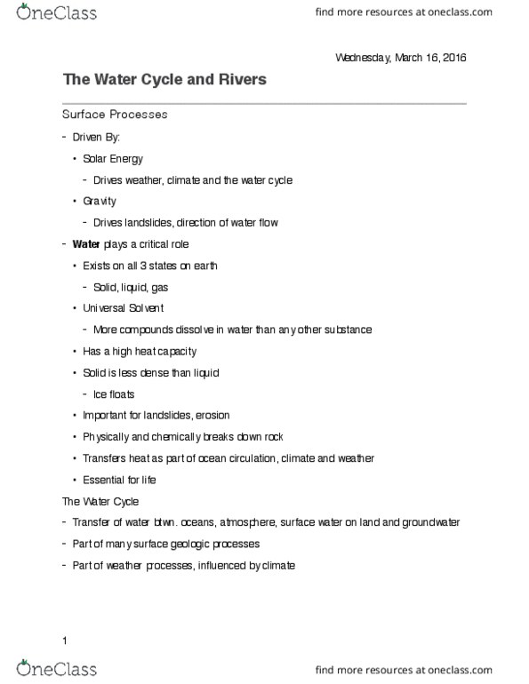 GEOL105 Lecture Notes - Lecture 5: Water Cycle, Ocean Current, Alluvium thumbnail