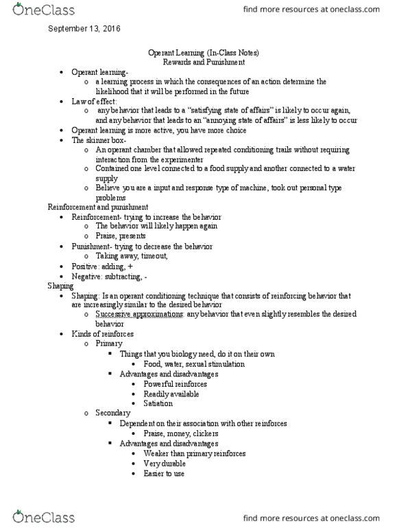 PY 105 Lecture Notes - Lecture 5: Operant Conditioning Chamber, Sexual Stimulation, Operant Conditioning thumbnail