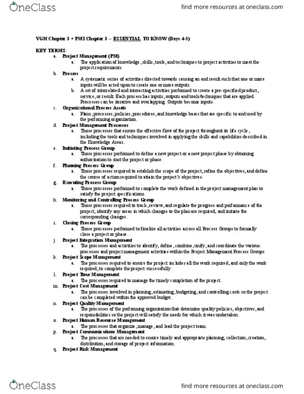 ITM 311 Chapter Notes - Chapter VGH and PMI 3: Project Plan, Project Risk Management, Project Charter thumbnail