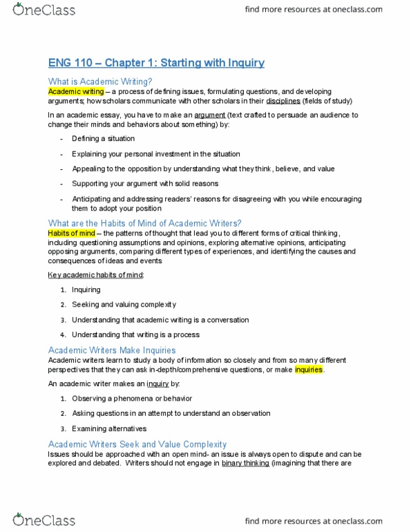 ENG 110 Chapter Notes - Chapter 1: Academic Writing thumbnail