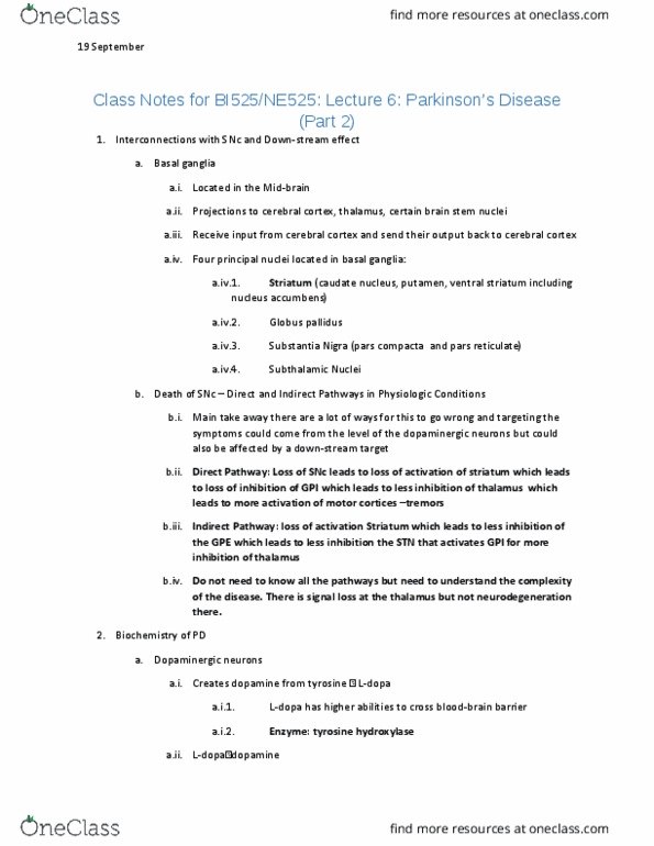 CAS BI 525 Lecture Notes - Lecture 5: Tyrosine Hydroxylase, Pars Compacta, Basal Ganglia thumbnail