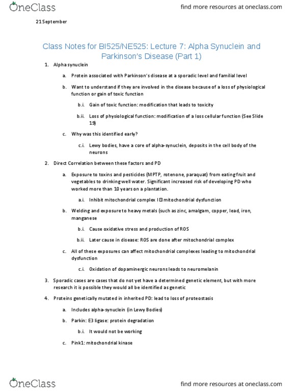 CAS BI 525 Lecture Notes - Lecture 6: Synuclein, Neuromelanin, Paraquat thumbnail