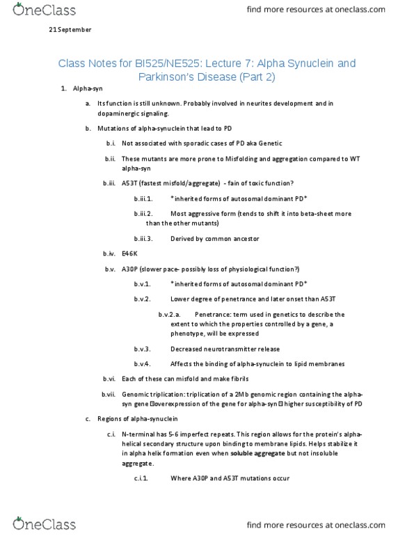 CAS BI 525 Lecture Notes - Lecture 6: Synuclein, Alpha Helix, Penetrance thumbnail