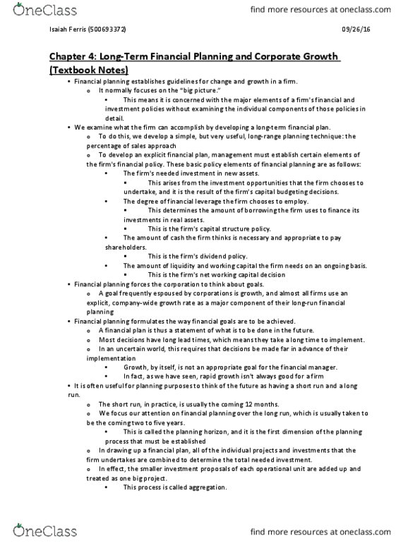 FIN 300 Chapter Notes - Chapter 4: Pro Forma, Financial Plan, Dividend Policy thumbnail