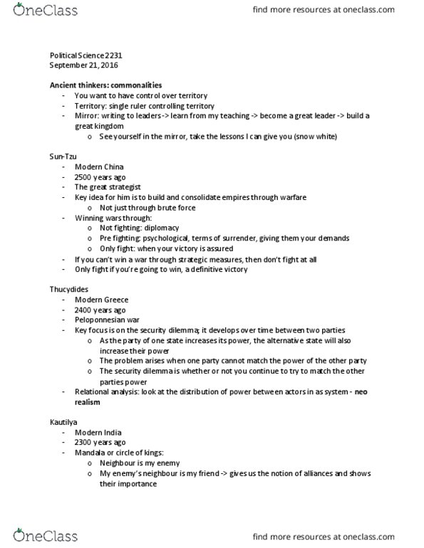 Political Science 2237E Lecture Notes - Lecture 2: Peloponnesian War, Security Dilemma, Flanaess thumbnail