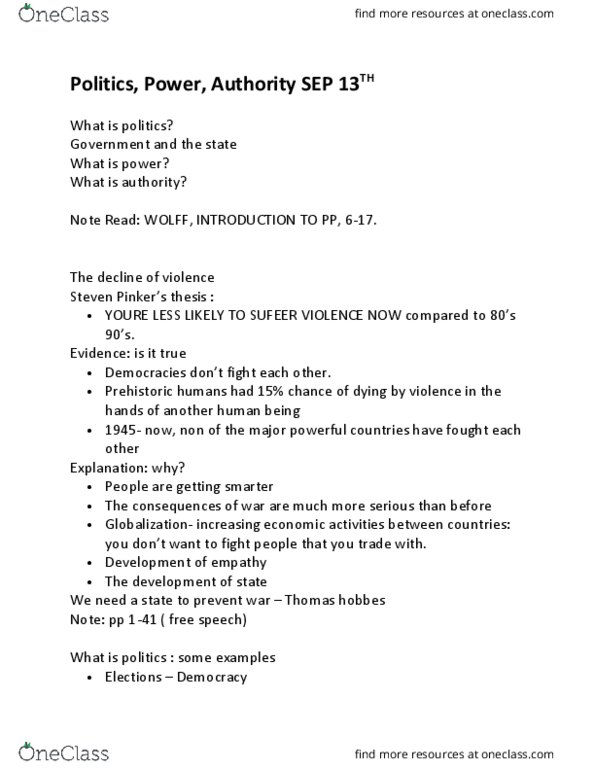 Political Science 1020E Lecture Notes - Lecture 1: State Of Nature, Robert Pape, On Human Nature thumbnail