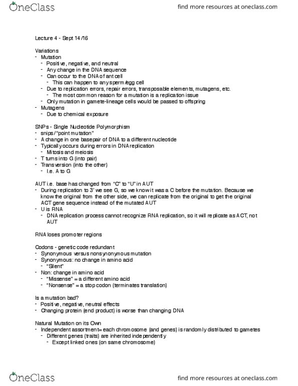 ANTHROP 2D03 Lecture Notes - Lecture 4: Single-Nucleotide Polymorphism, Mendelian Inheritance, Dna Replication thumbnail