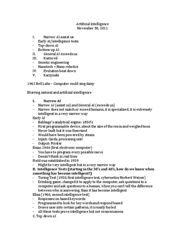 Media, Information and Technoculture 2500A/B Lecture Notes - Ted Kaczynski, Turing Test, Pattern Recognition thumbnail