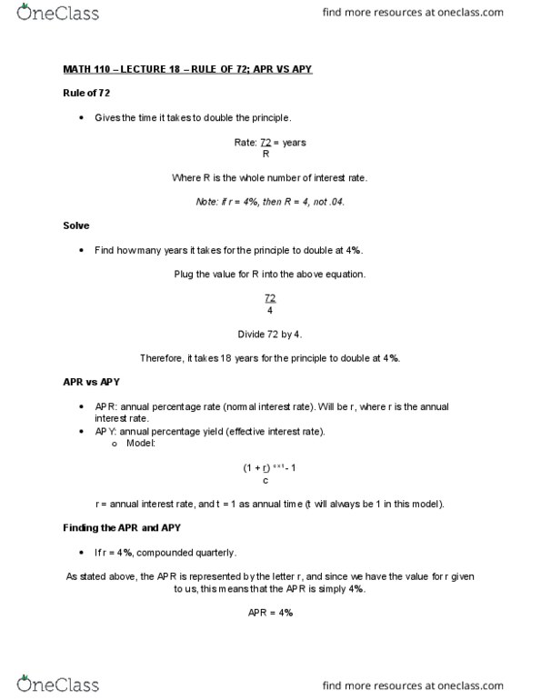 MATH 110 Lecture Notes - Lecture 18: Annual Percentage Yield, Annual Percentage Rate, Effective Interest Rate thumbnail