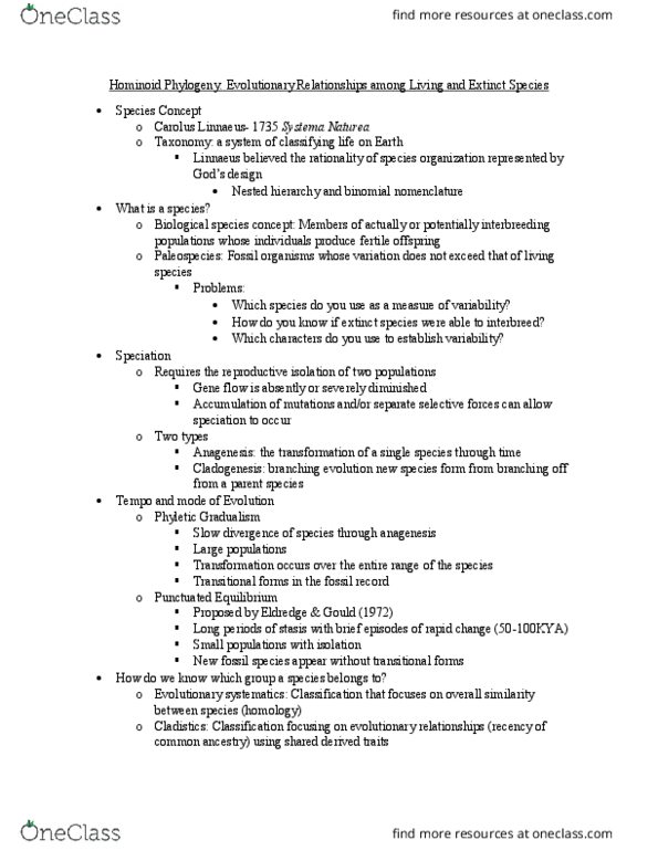 ANTH 3512 Lecture Notes - Lecture 4: Binomial Nomenclature, Anagenesis, Cladogenesis thumbnail