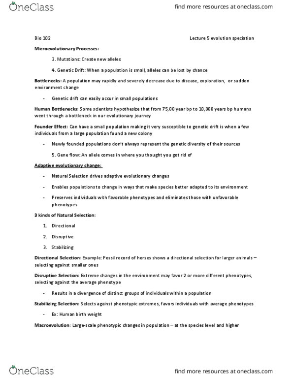 BIO 102 Lecture Notes - Lecture 5: Genetic Drift, Directional Selection, Speciation thumbnail