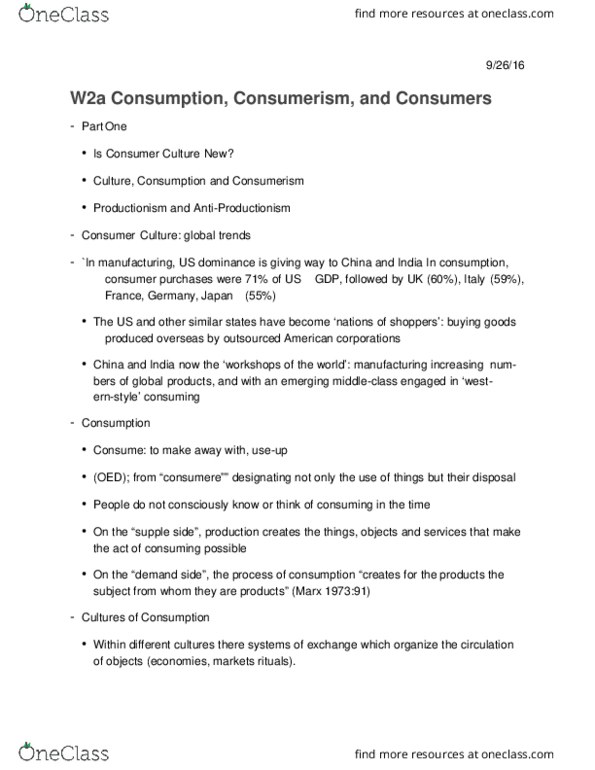 SOCY 306 Lecture Notes - Lecture 1: W Series, Consumerism, Marketization thumbnail