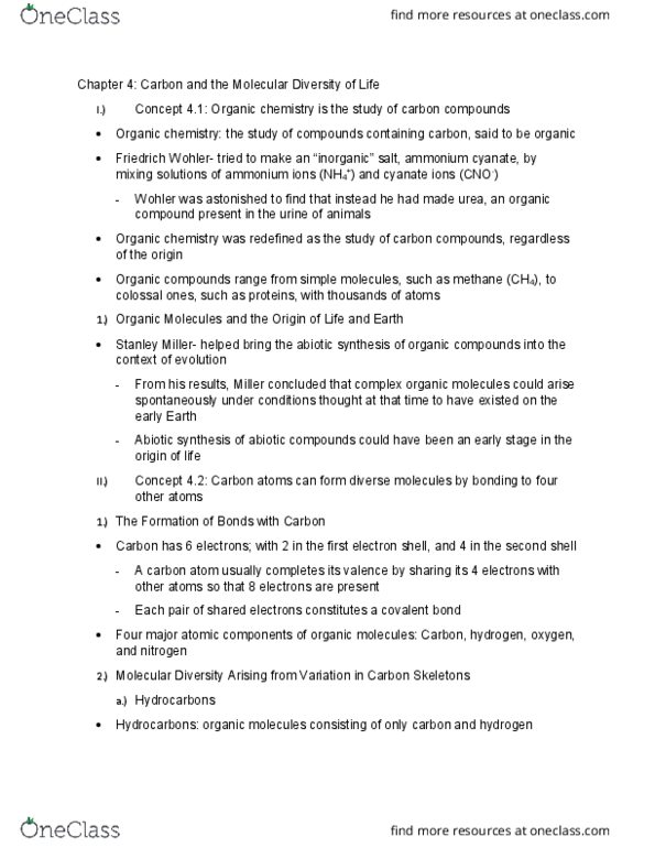 BIO 150 Chapter Notes - Chapter 4: Stanley Miller, Electron Shell, Organic Compound thumbnail