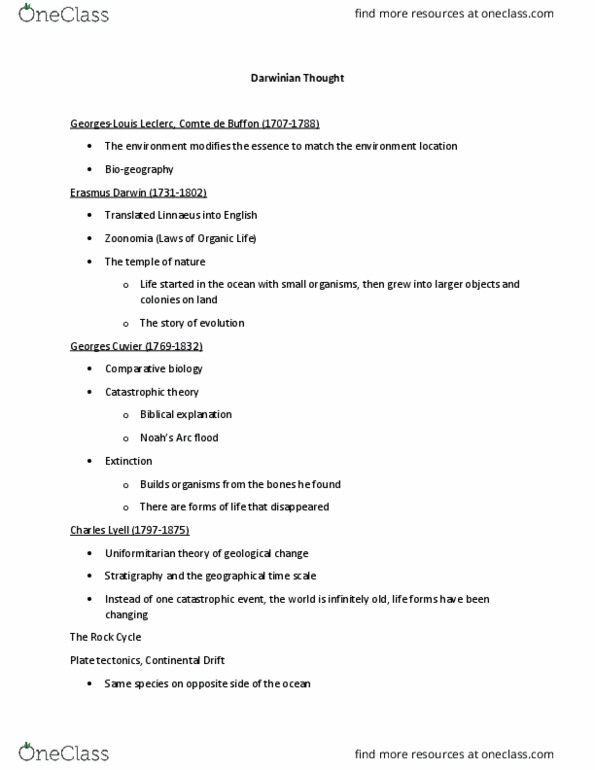 BIO 1130 Lecture Notes - Lecture 5: Georges-Louis Leclerc, Comte De Buffon, Georges Cuvier, Erasmus Darwin thumbnail