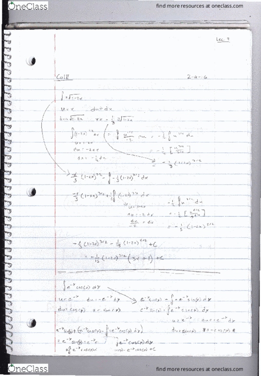 MATH 2202 Lecture 9: Continuation Sect. 7.1 Integration by Parts and Beginning of Sect. 7.2 Integrals Containing Trigonometric Fcns thumbnail
