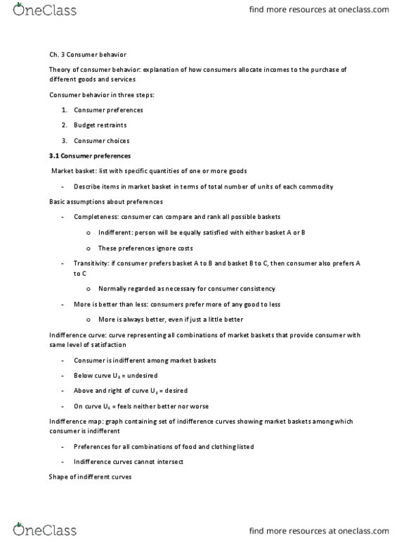 ECON 100A Chapter Notes - Chapter 3: Indifference Curve, Utility, Consumer Behaviour thumbnail