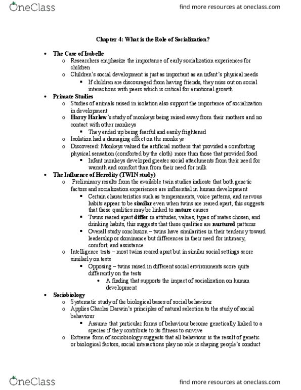 SOC 105 Chapter Notes - Chapter 4: Twin Study, Attachment Theory, Sociobiology thumbnail