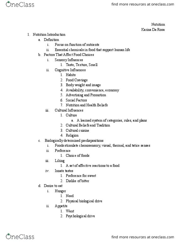 HSCI 1105 Lecture Notes - Lecture 1: Chemoreceptor, Carbohydrate, Kilogram thumbnail