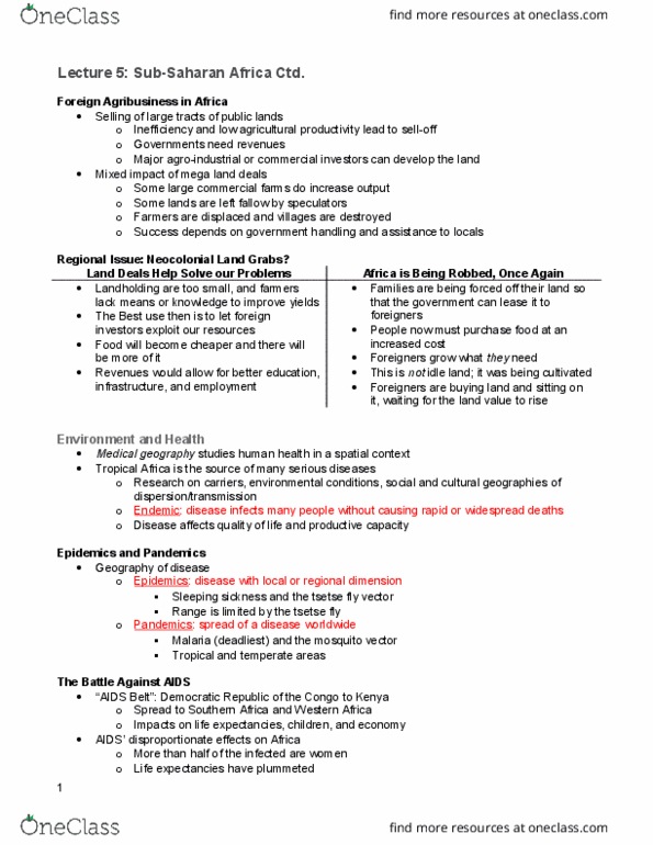 GEOG 213 Lecture Notes - Lecture 5: Tsetse Fly, Sub-Saharan Africa, Tropical Africa thumbnail