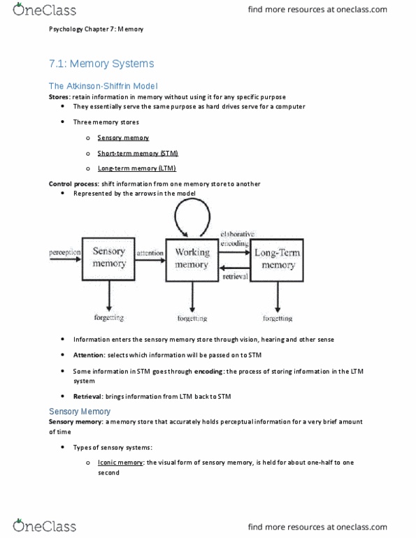 PSYA01H3 Chapter Notes - Chapter 7: Explicit Memory, Sensory Memory, Echoic Memory thumbnail