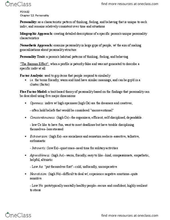 PSYA02H3 Chapter Notes - Chapter 12: Hexaco Model Of Personality Structure, Machiavellianism, Barnum Effect thumbnail