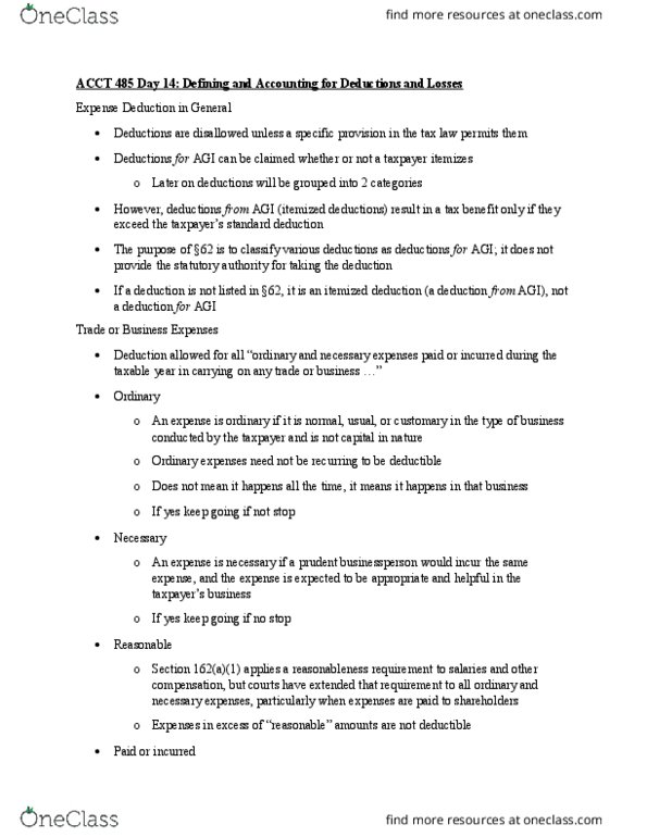 ACCT 485 Lecture Notes - Lecture 14: Itemized Deduction, Basis Of Accounting, Standard Deduction thumbnail