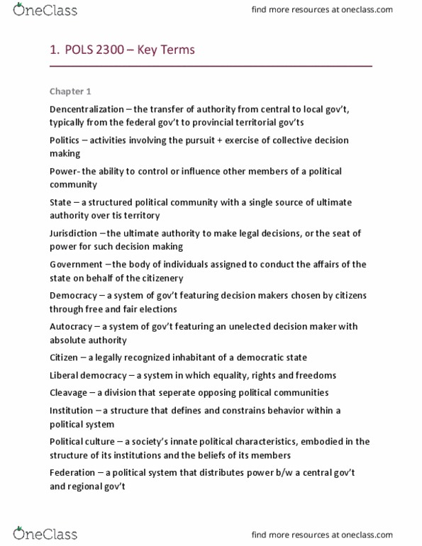 POLS 2300 Chapter Notes - Chapter 1-3: Blue Tory, Parliamentary Sovereignty, Conservatism In Canada thumbnail