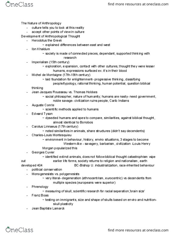 Anthropology 1025F/G Lecture Notes - Lecture 1: Michel De Montaigne, Jean-Jacques Rousseau, Edward Tyson thumbnail