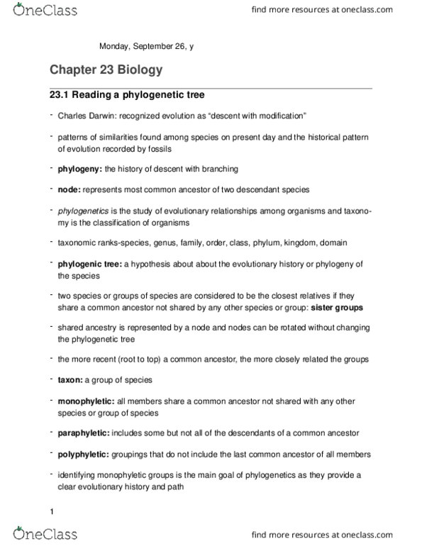 BIOA01H3 Lecture Notes - Lecture 3: Polyphyly, Paraphyly, Cladistics thumbnail