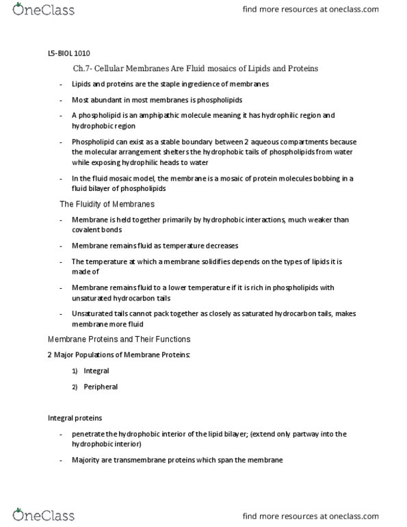 BIOL 1010 Lecture Notes - Lecture 5: Unsaturated Hydrocarbon, Lipid Bilayer, Alkane thumbnail