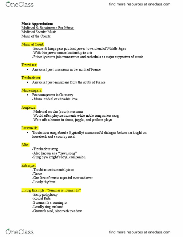 MUS 101 Lecture Notes - Lecture 7: Minnesang, Jongleurs, Pastourelle thumbnail