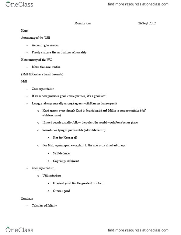 PHIL 1290 Lecture Notes - Lecture 6: Rule Utilitarianism, Act Utilitarianism, Deontological Ethics thumbnail