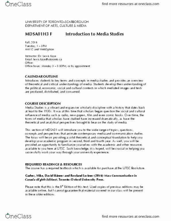 MDSA01H3 Lecture Notes - Lecture 1: University Of Toronto Scarborough, Media Studies, Communication Studies thumbnail