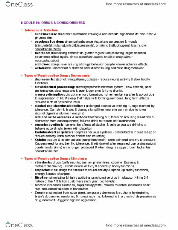 PSYC 1010 Chapter Notes - Chapter 10: Psychoactive Drug, Sympathetic Nervous System, Methamphetamine thumbnail