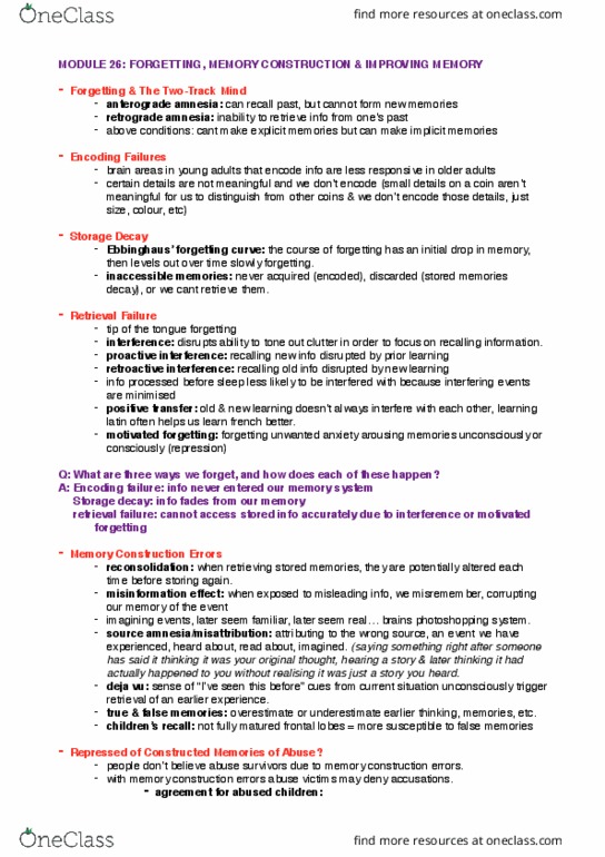 PSYC 1010 Chapter Notes - Chapter 26: Anterograde Amnesia, Retrograde Amnesia, Interference Theory thumbnail