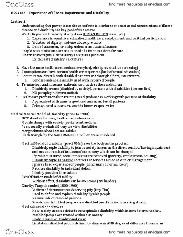 HSS 3103 Lecture Notes - Lecture 1: Medical Diagnosis, Paraplegia, Medical Model thumbnail